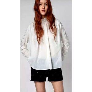 New Zadig & Voltaire Teddy Eyelet Trim Long Sleeve Blouse Cotton White Sz Large